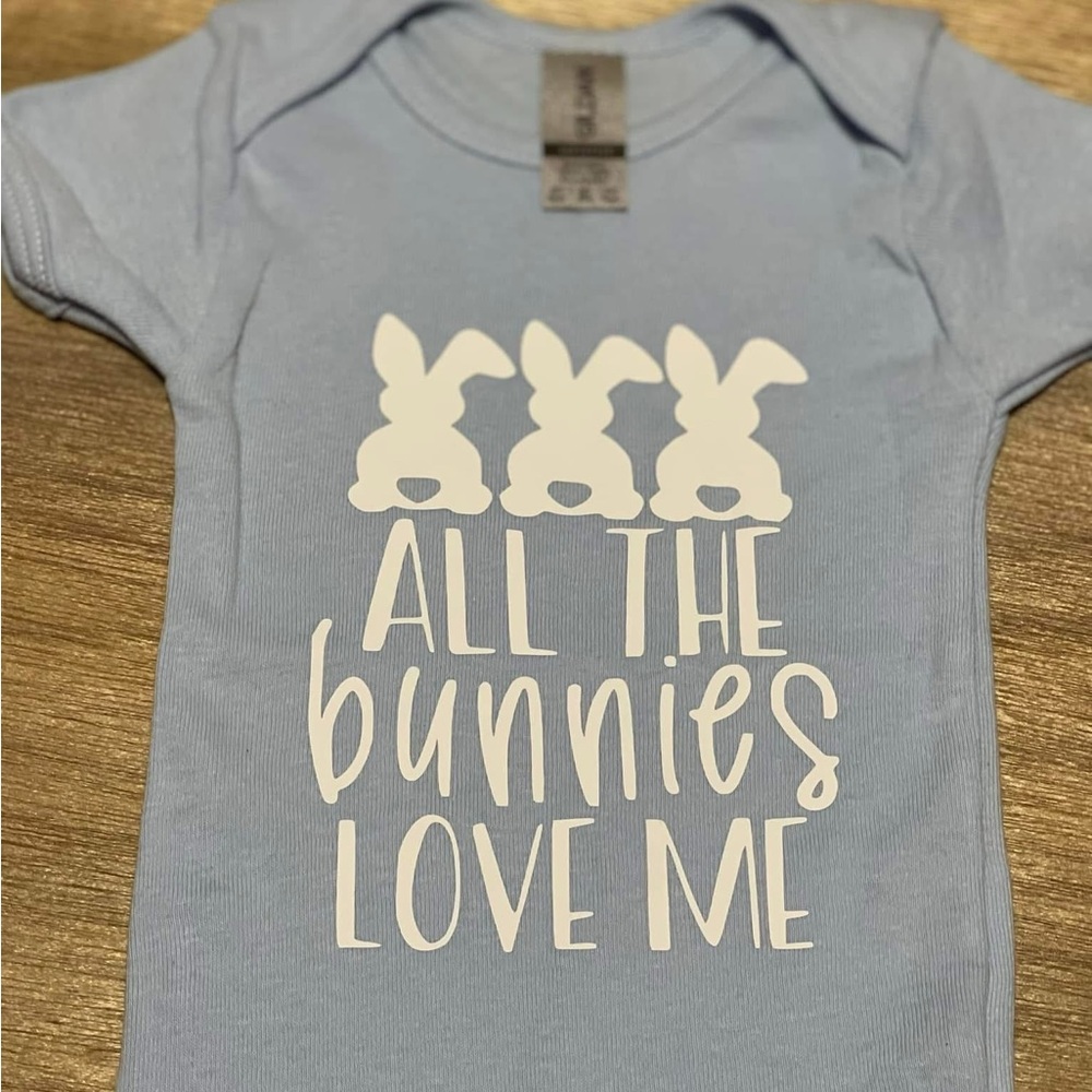 Light Blue Baby Onesie with White Bunny Graphic